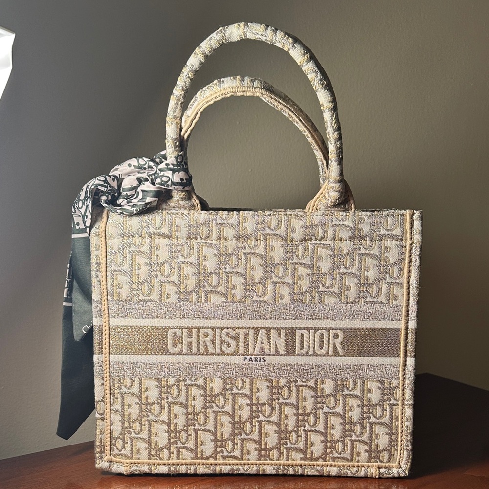 Dior Metallic Gold Beige Monogram small Tote & silk scarf Very Excellent conditi